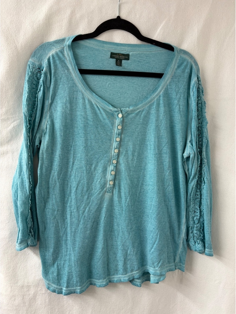 Lauren Ralph Lauren XL Aqua Blue Cotton Henley Top Crochet Lace Sleeve